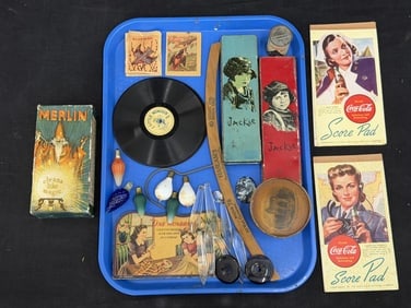 Asst Antique / Vtg 1920s Beautebox Tin Canco, Merlin Cleaner, Coca-Cola Scorecards, More: 1929 Merlin Cleans Like Magic(Sealed), (2)Jackie Coogan Tin Holders, Beautebox Canco, Christmas Bulbs (Untested), (2)Coca-Cola Score Pads, Santa Cruz Advertising Hanger, Sewing Box Sir Walter Scotts T