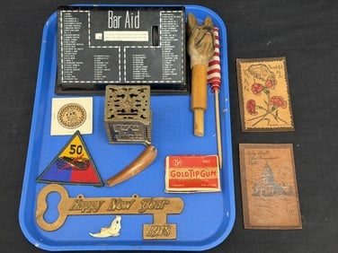 Vintage Lot - Kenton Rival Cast Iron Bank, Metal Bar-Aid, 1913 New Year Key + More: Leather Postcards, Metal Bar Aid 1-80 Drink Recipes, Rival Cast Iron Bank (No Key), 1913 Happy New Year Metal Key, Bob's Dairy Capitola,CA + More