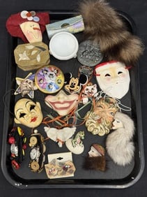 Asst Tray Lot - Dresden Trinket, Clay Figures, Masks, Button Bracelet + More (1 of 10)