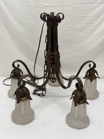 Unusual Antique 5 Arm Chandelier with Period Shades - Lamp 22" x 21": Rewired, Metal Leaf Work Design - (1)Shade has crack