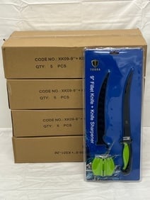 (20)NEW 9'' Fishing Fillet Knives with Sheaths: (20)NEW 9'' Fishing Fillet Knives w/ Sheaths - (4)Cases of 5 - NOS - w/ Clip-on Protective Non-Slip Sheaths