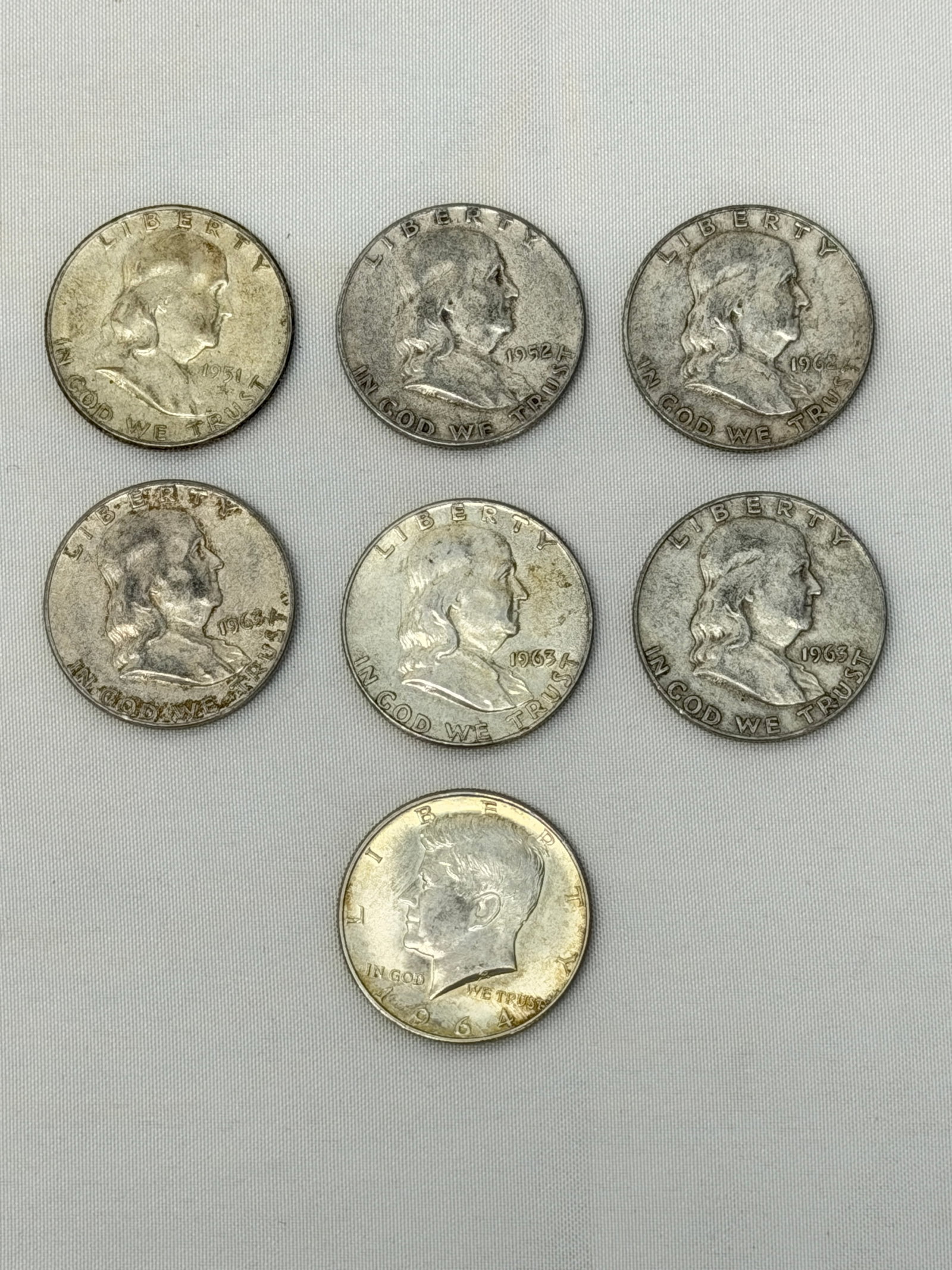 (6)Silver Benjamin Half Dollars, (1)Silver Kennedy Half Dollar: Benjamin - 1951S, 1952P, 1962D, 1963P,(2)1963D + (1)1964 Kennedy