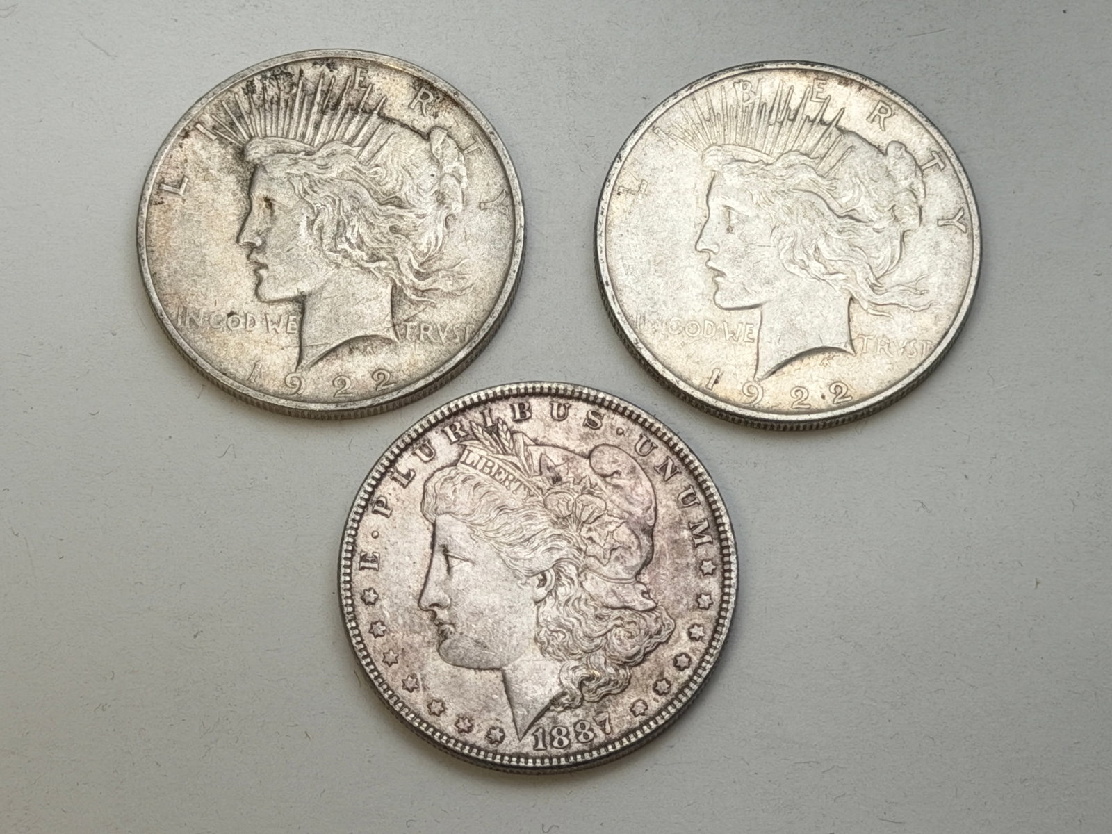 (3)Antique Silver Dollars - Morgan + Peace: 1887 Morgan , (2)1922 Peace