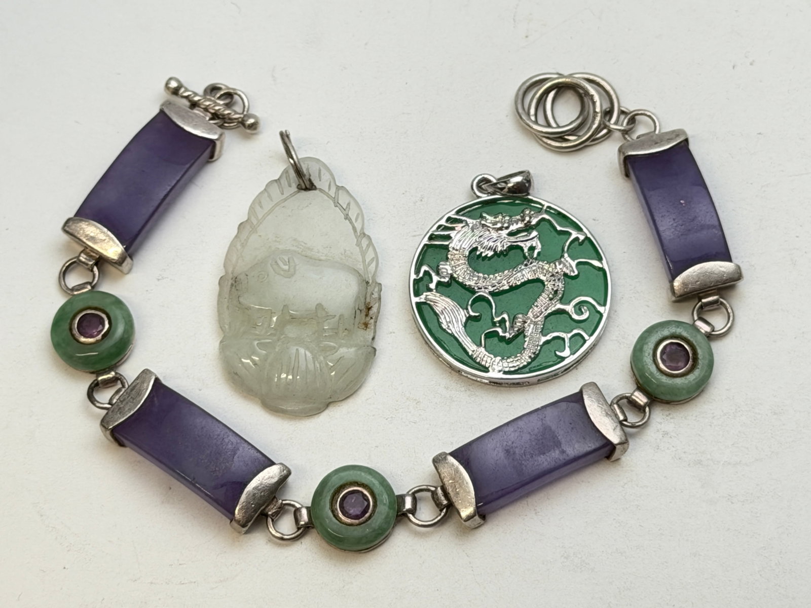 Chinese Jade Sterling Pendant, Bracelet, Carved Pendant (1 of 4)