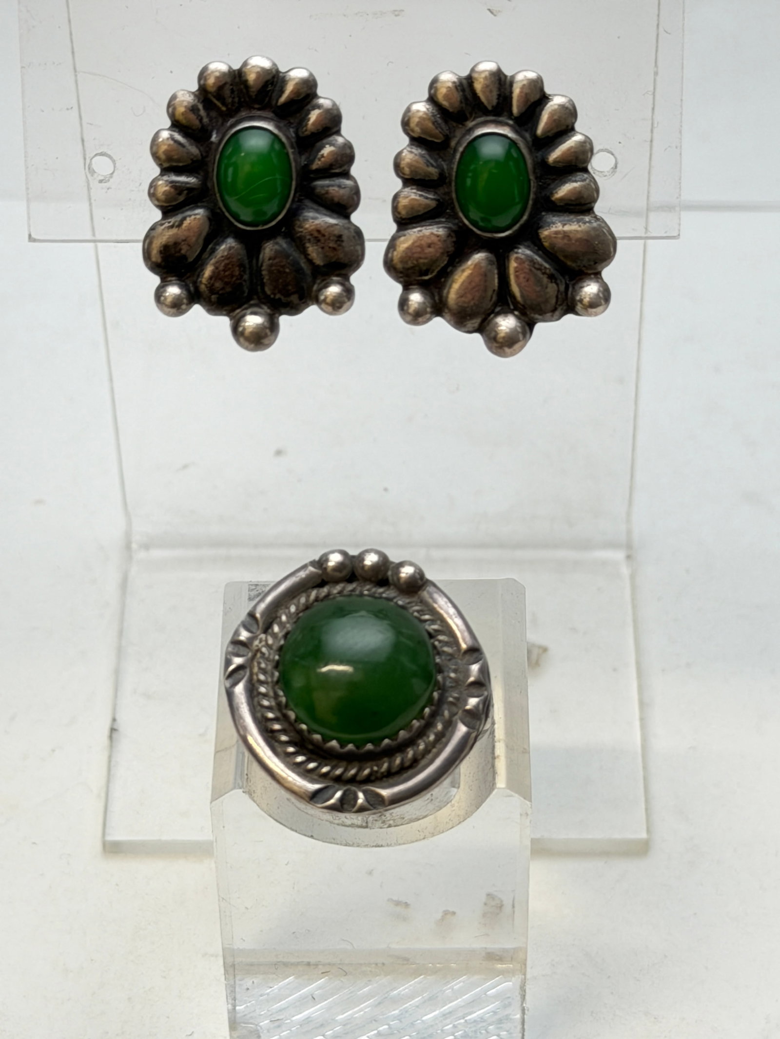 1950s Sterling Southwestern Ring + Screw Back Earrings: Cabochon Nephrite Jade Sz 6.75, Screw Back Earrings (See Photos)