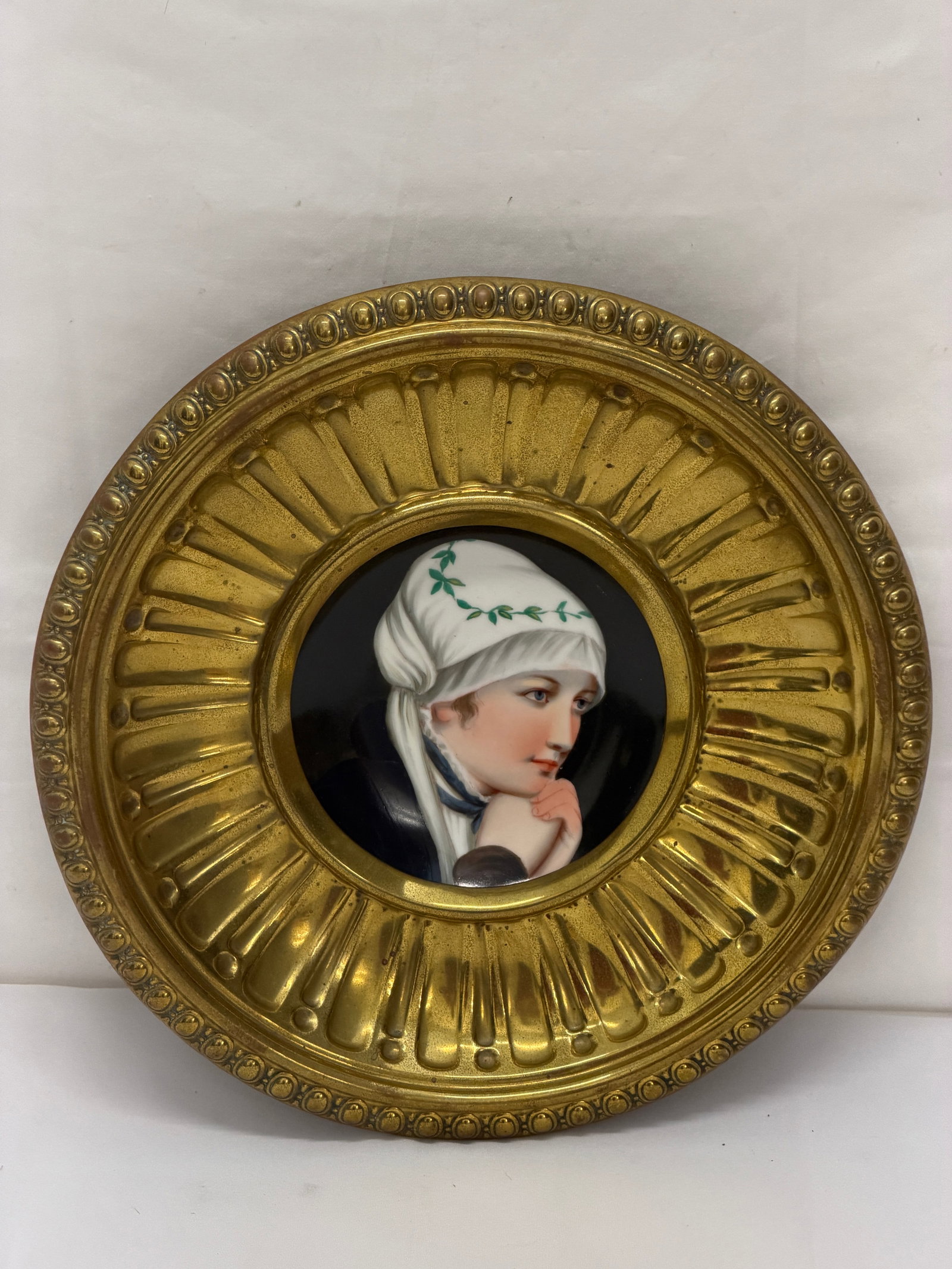 Antique KPM Hand Painted Portrait on Porcelain Framed in Brass / Copper Charger: Portrait on Porcelain Framed in Metal Repousse Charger - Overall 10.75" x 2" , Sight 4.25"