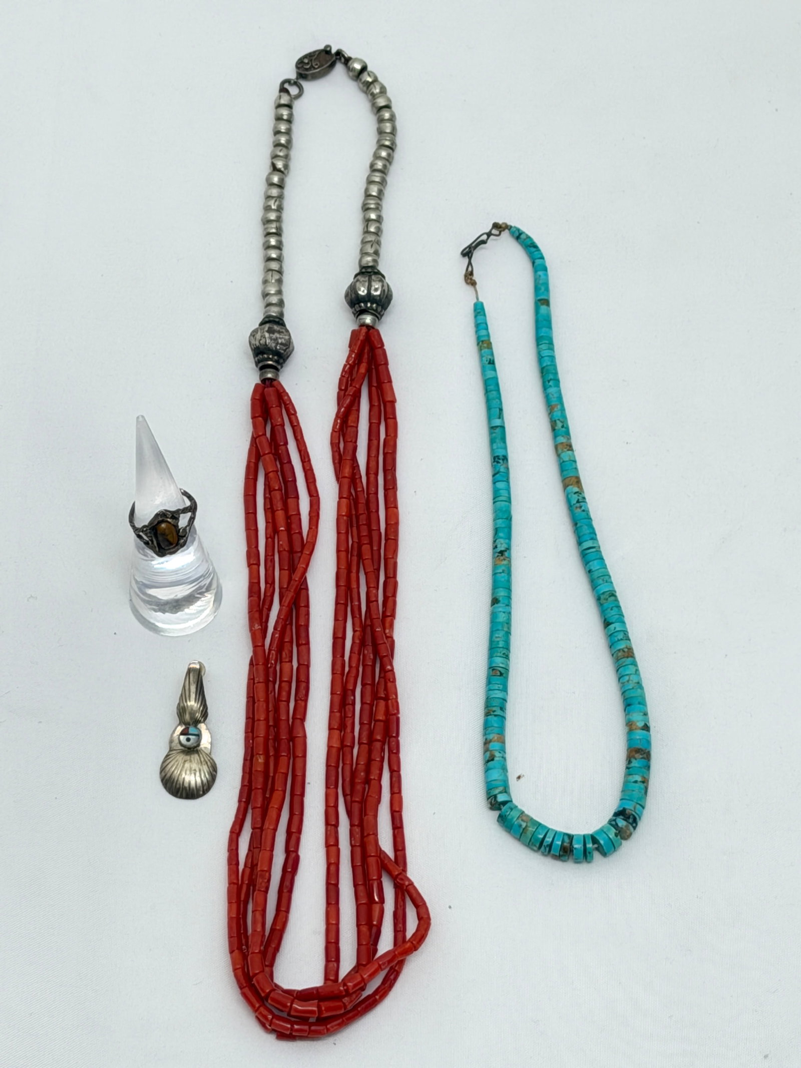Sterling Silver Coral & Turquoise Necklaces, Vintage Silver Ring (1 of 8)