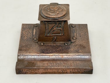 JF Poole of Hayle Arts & Crafts Hand Hammered Copper Inkwell 5.5" x 2.5" with Porcelain Insert (1 of 5)