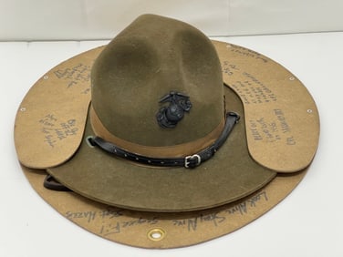Marine Corp. Drill Instructor Campaign Hat with Eagle Globe, Signed by Soldiers (1 of 7)