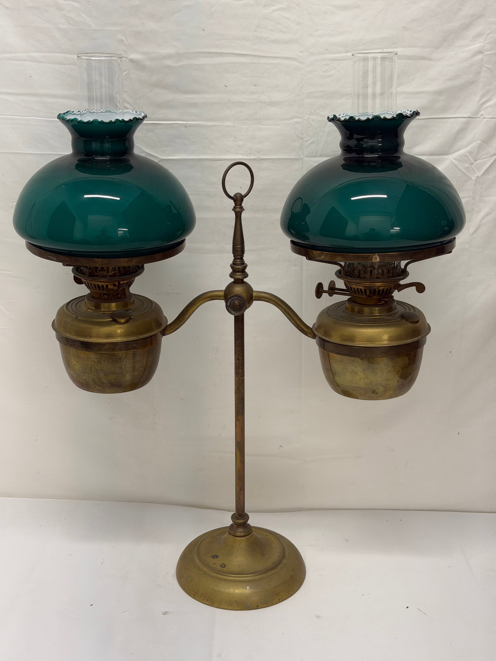 English Victorian Brass Double Arm Students Lamp with Green Hurricane Shades - 20" x 27"T (1 of 6)