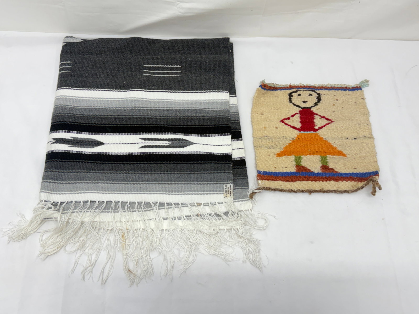 Black Chimayo Textile Rug 34.5" x 37" & Figural Tapestry 11" x 11" (1 of 11)