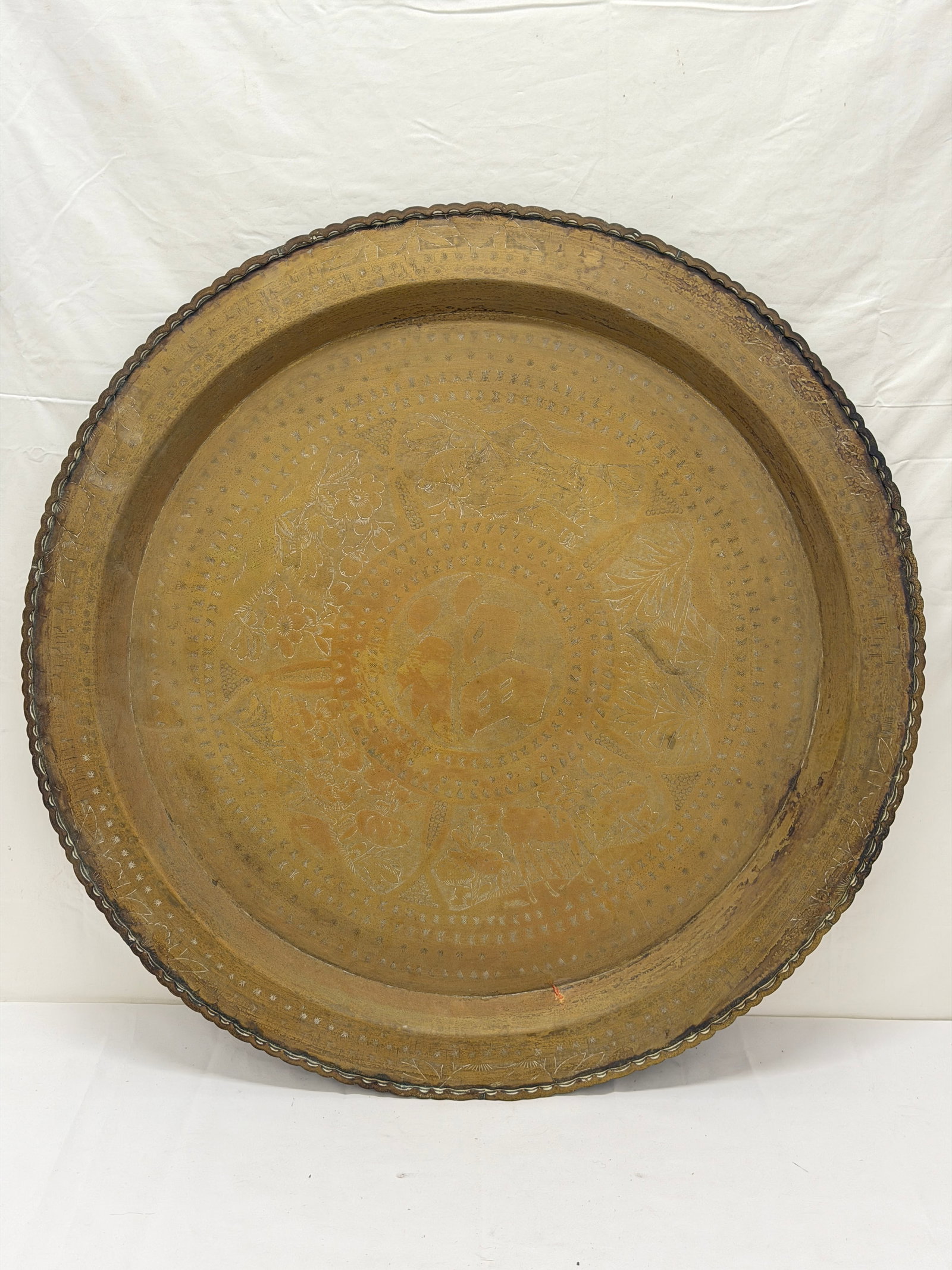 Vintage Hand Engraved & Hammered Brass Table Top Tray - Converted to Hang on Wall 29.5" (1 of 7)