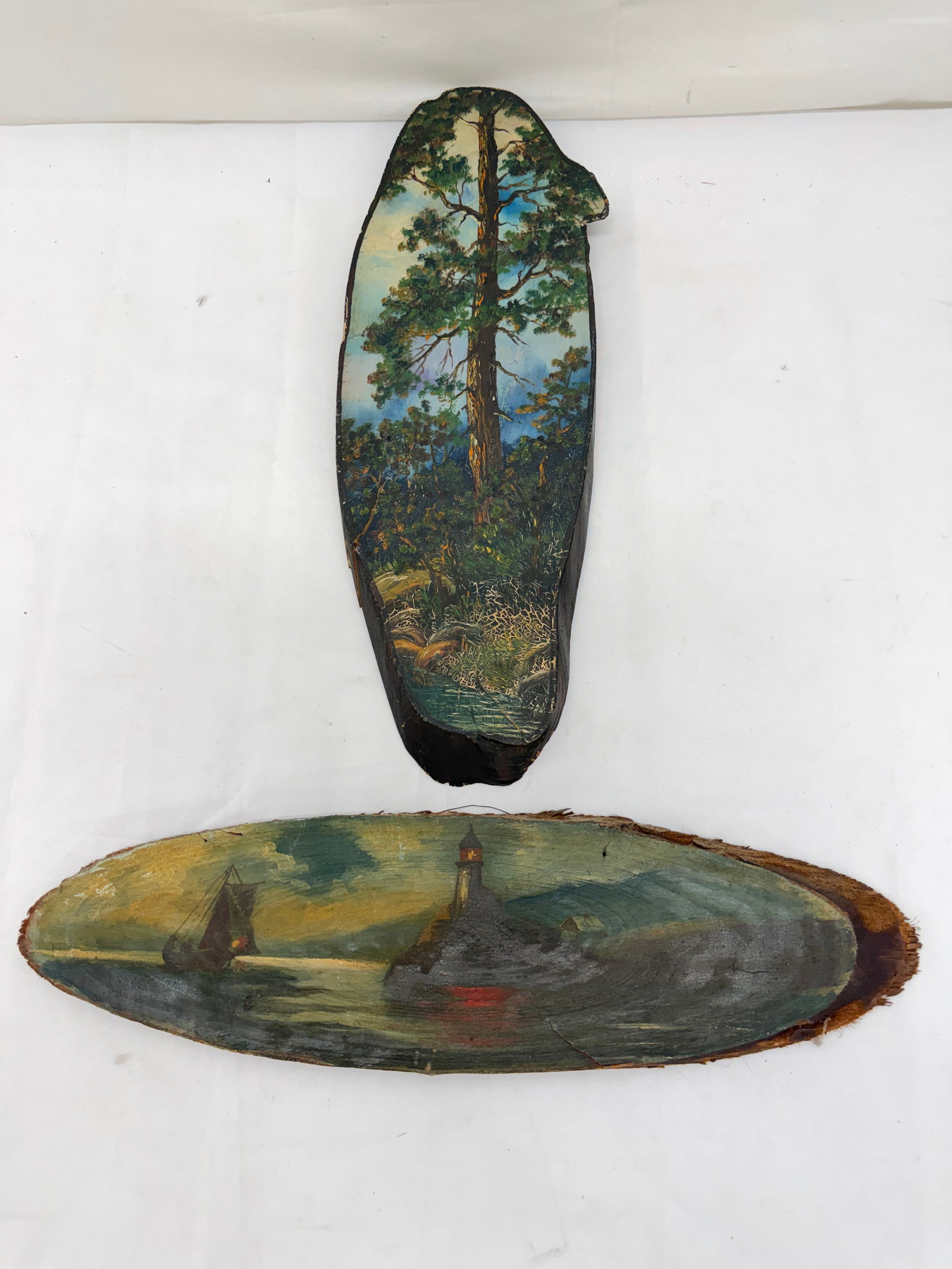(2)1940s Era Original Art on Redwood Slabs - Lighthouse 5.25" x 19" , Tree 6.25" x 18" (1 of 4)