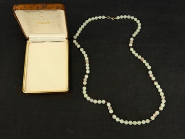 Vintage Mings Translucent Jade Necklace 36"L with Original Box - Necklace Stamped "Ming 14K GF": Vintage Mings Translucent Jade Necklace 36"L with Original Box - Necklace Stamped "Ming 14K GF"