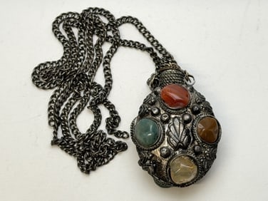 Vintage Perfume / Snuff Bottle Pendant with Semi-Precious Inlaid Stones on Chain (1 of 5)