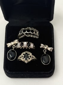 (4)Pcs. Sterling Silver Jewelry - Onyx Rings + Earrings: (3)Onyx Rings in Various Styles, (1) Has Mother of Pearl + Pair Earrings