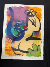 Signed 1988 Colored Lithograph by Moleu #15/90 Titled 'The Old Story With Snake' - 22" x 30": Signed 1988 Colored Lithograph by Moleu #15/90 Titled 'The Old Story With Snake' - 22" x 30"