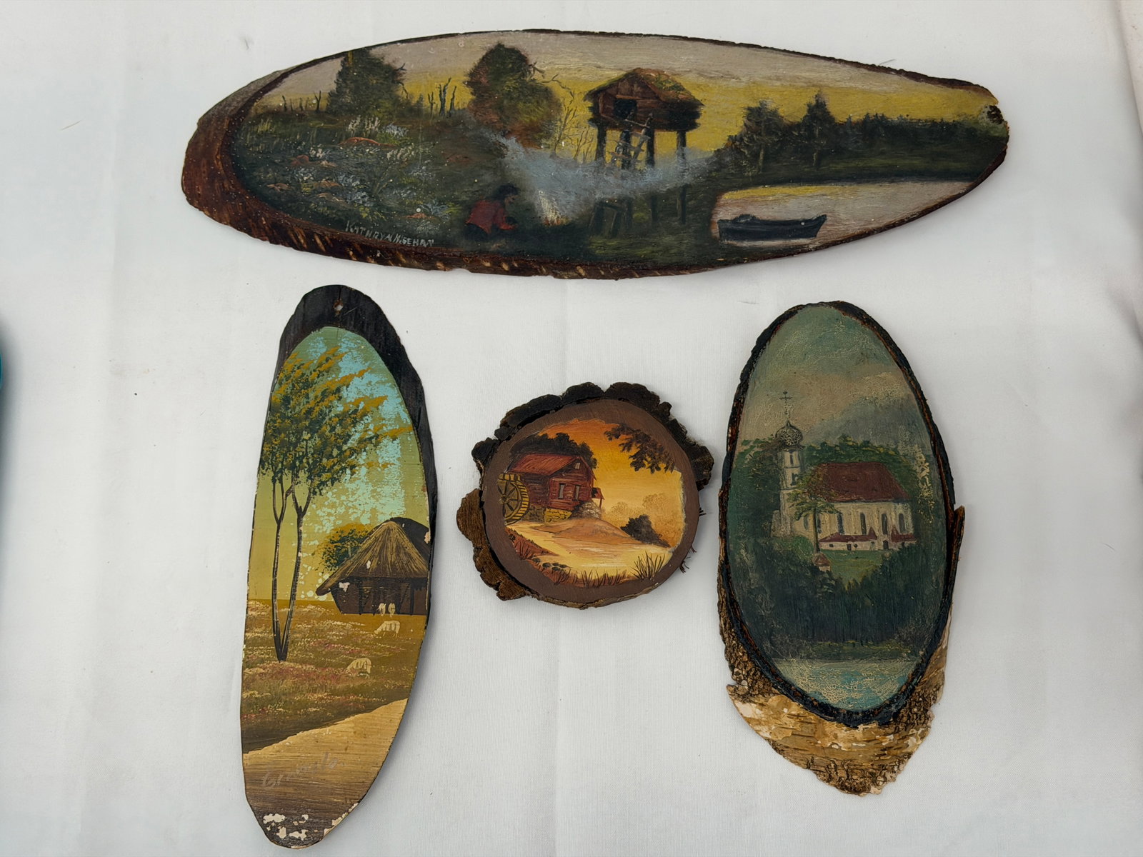 (4)1930s-1940s Hand Painted Oils on Wood Slabs - Some Signed (1 of 8)