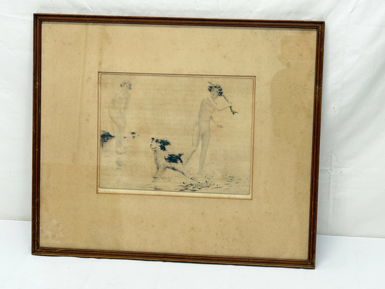 Nat Long (1873-1955) Dry Point Etching of Dog & Nudes, Signed - Titled 'Summer Days": Signed in Pencil, Framed 16.75" x 20"