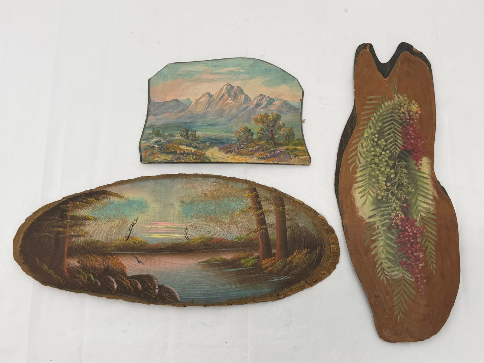 (3)1930s-1940s Original Oil Painting on Wood Slabs: (1)Signed "Brower" 'Mountain Landscape' on Board 11.5" x 8", (1)Lake Scene 8.5" x 20.5" , (1)Still Life 7" x 20"