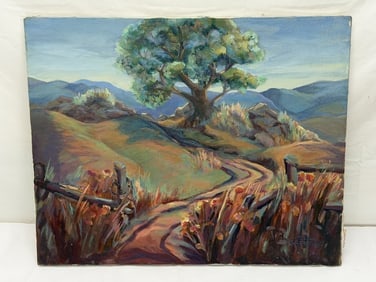 Zelva Greenlaw (1925-2007)CA Artist Oil on Canvas "Road to San Juan" 16" x 20" (1 of 5)