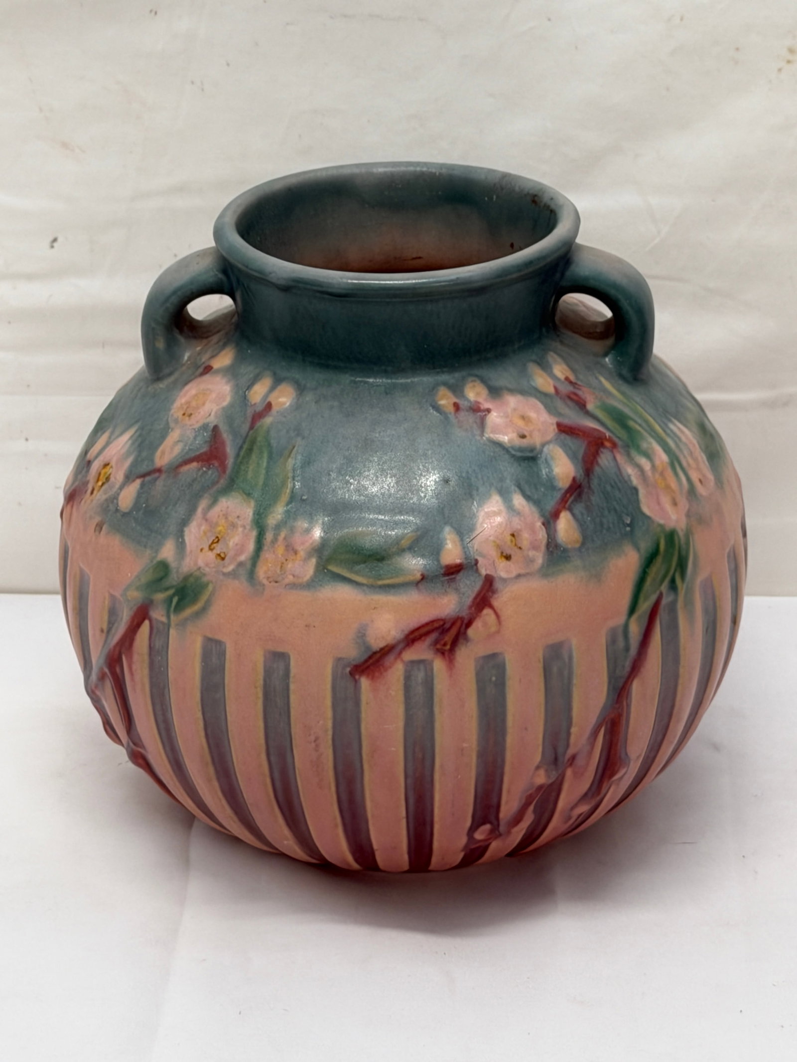 1933 Roseville Pottery Cherry Blossom Pot / Vase 4.5" Opening x 9"T: Pink Green Glaze with Bulbous Body