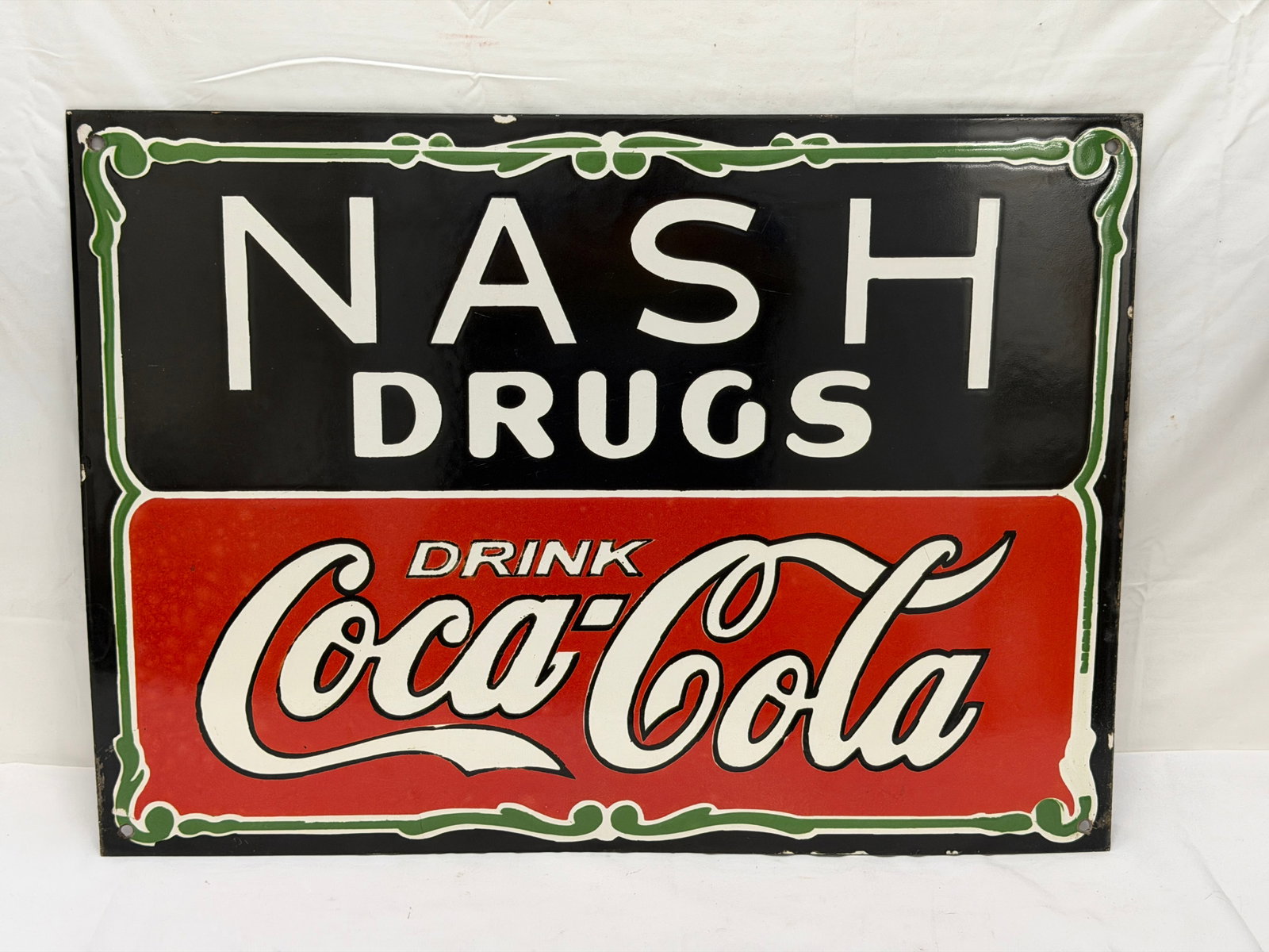 Enamel Nash Drugs Coca-Cola Advertising Sign 18" x 25": Enamel Nash Drugs Coca-Cola Advertising Sign 18" x 25"