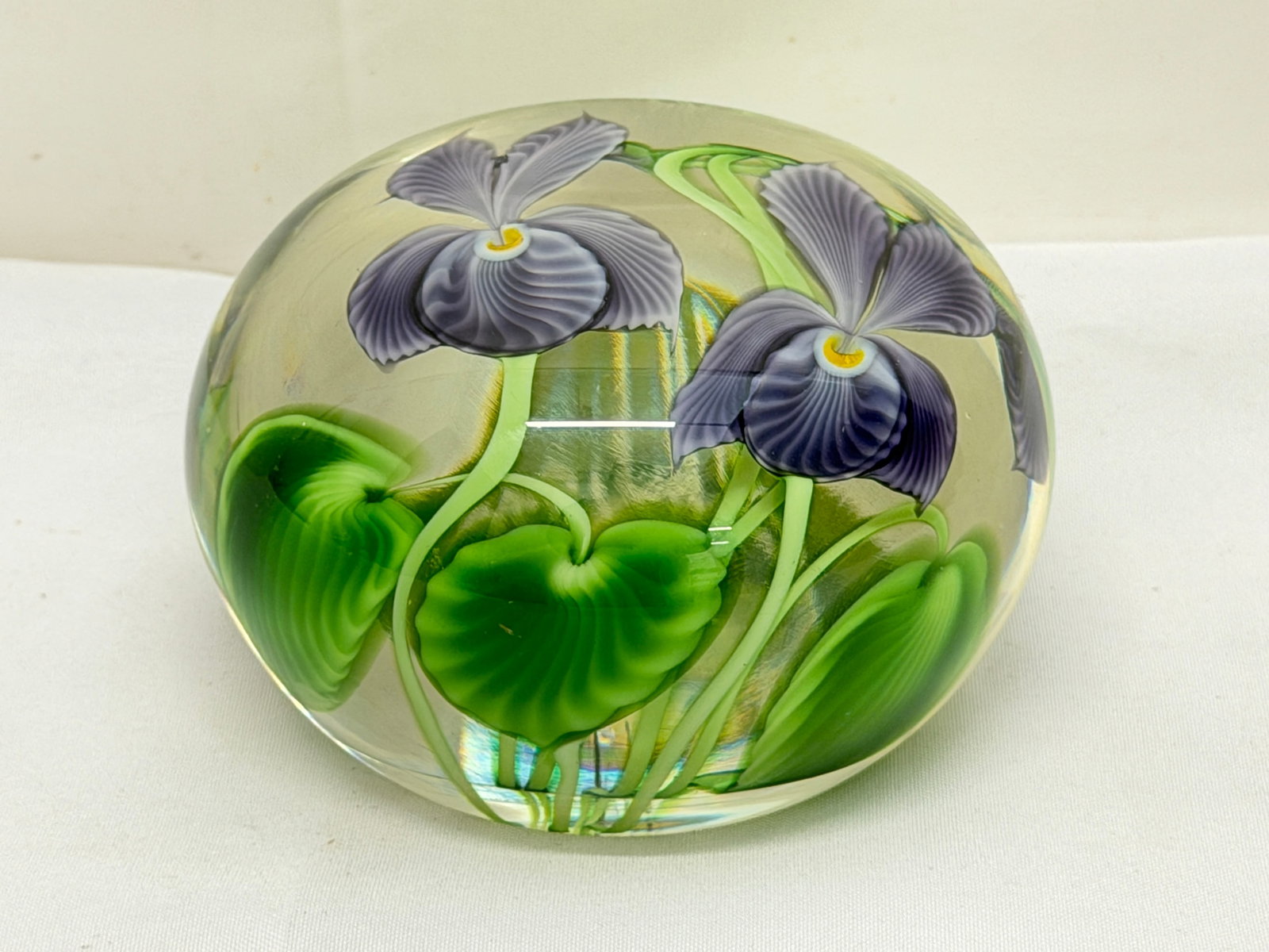 1990 Signed Orient & Flume Iris Blossom Paperweight 12"Circ. x 2.5"T (1 of 4)
