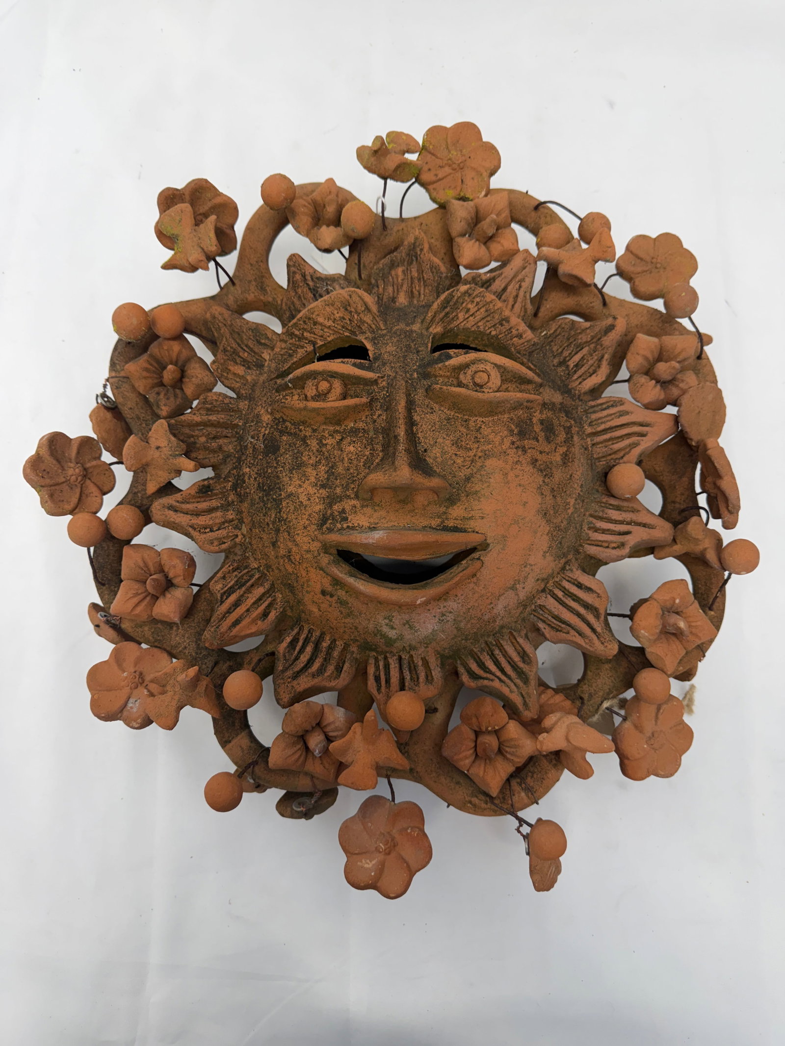 Mexican Folk Art Terra Cotta Sun Plaque with Birds & Flowers - 17" x 15" (1 of 3)