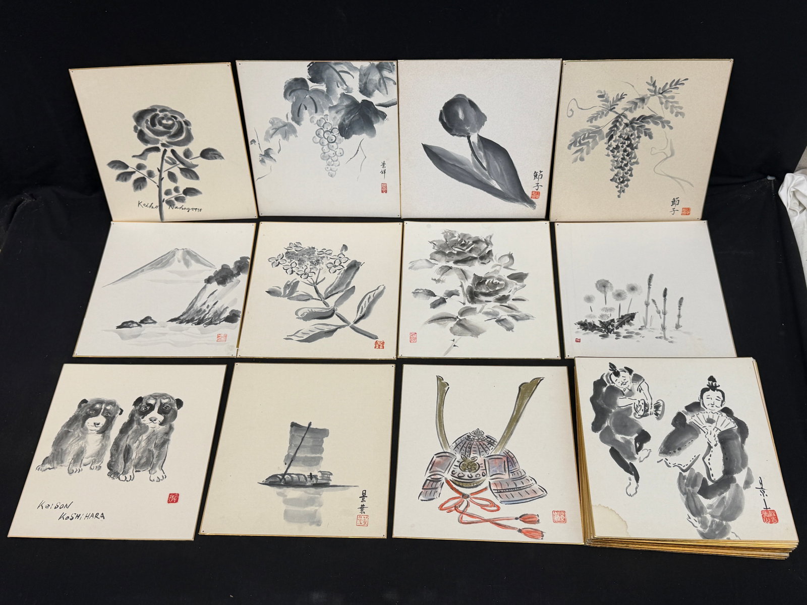 (27)1980s Japanese Ink Washing Paintings on Cardstock 9.5" x 10.75" (1 of 15)
