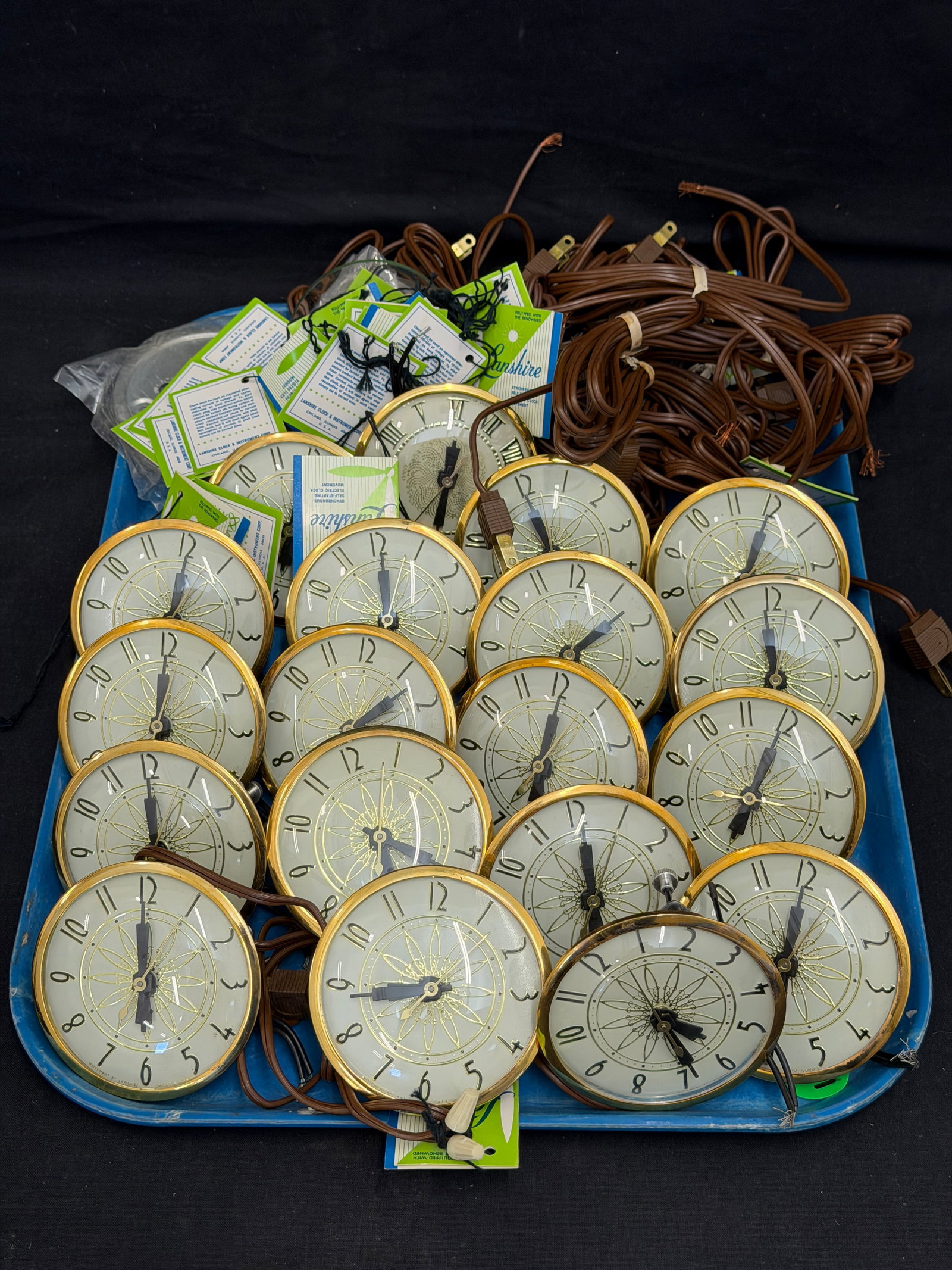 (20)Vintage Lanshire Self Starting Clock Faces 3.5", Wiring,Labels - New Old Stock - (1 of 7)