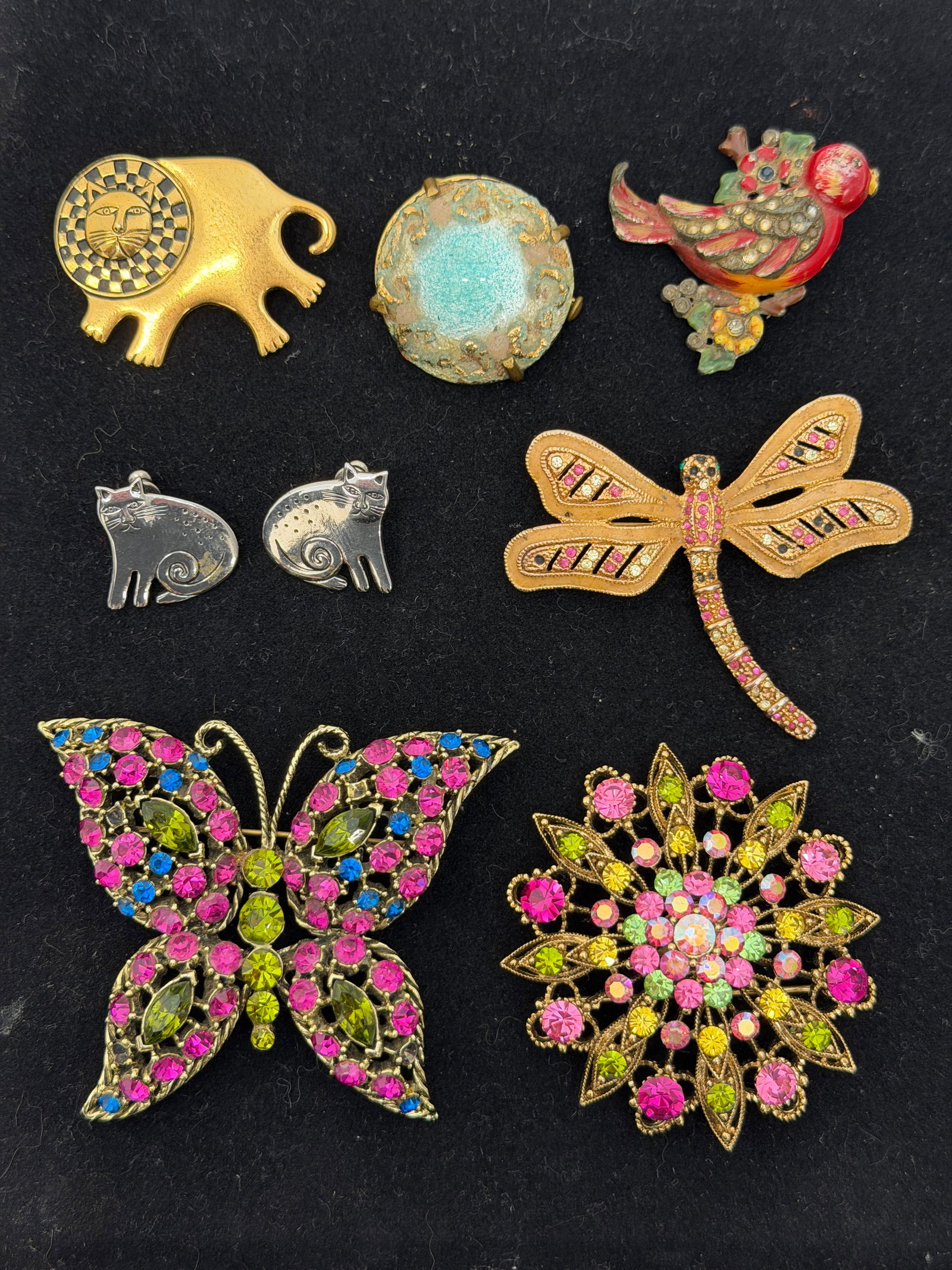 Rhinestone Brooches, Laurel Burch Cat Earrings & Brooch,Limoges Pin & More: Laurel Burch Cat Earrings & Brooch, Rhinestone Butterfly, Starburst & Dragonfly, Limoges Pin - See Photos for Condition -