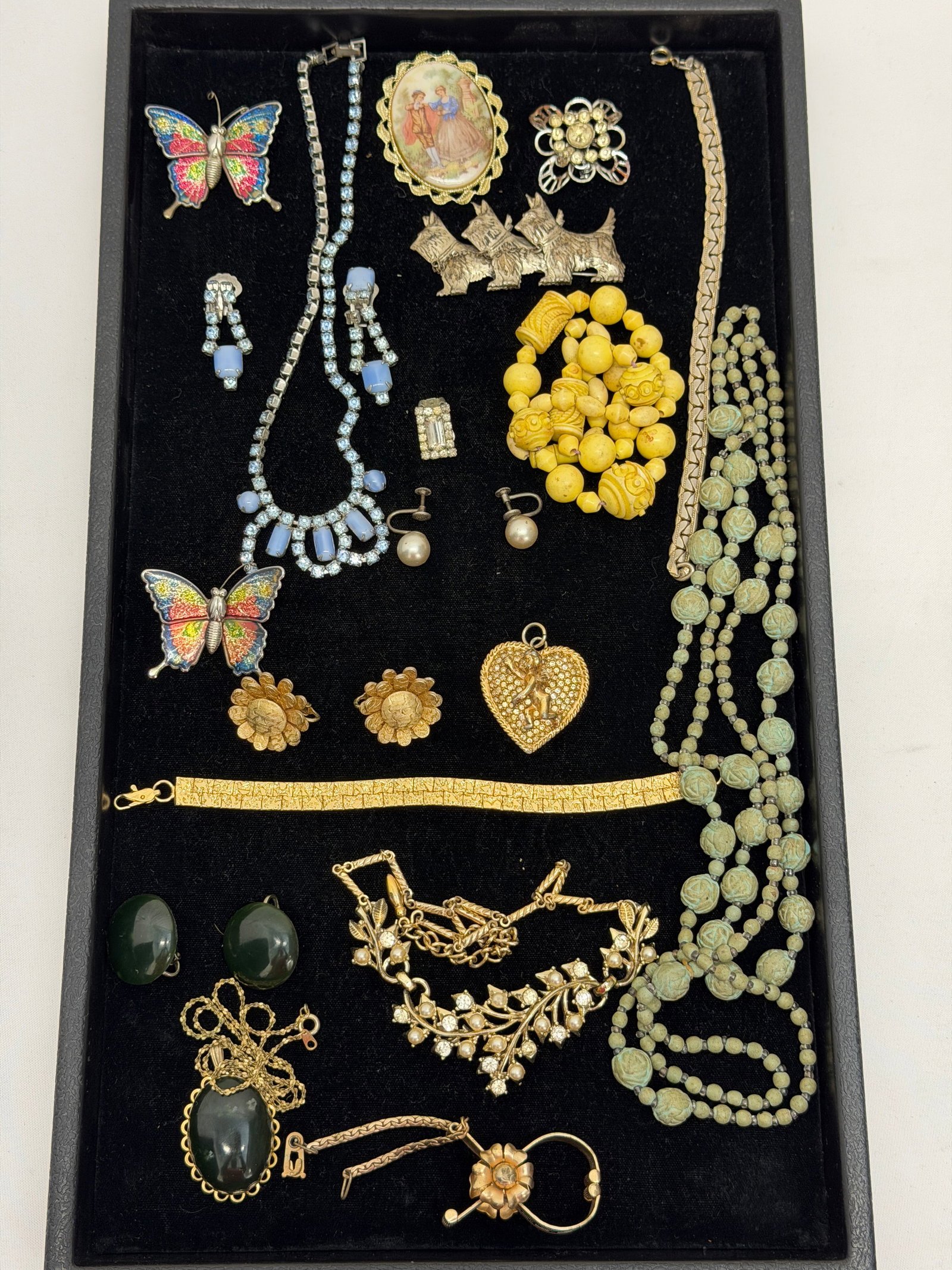 Asst Vintage Jewelry - Rhinestones + More: Sterling Dog Pin, Glove Clip for Purse, Rhinestone & Pearl Necklace, Coro Clip Earrings + More