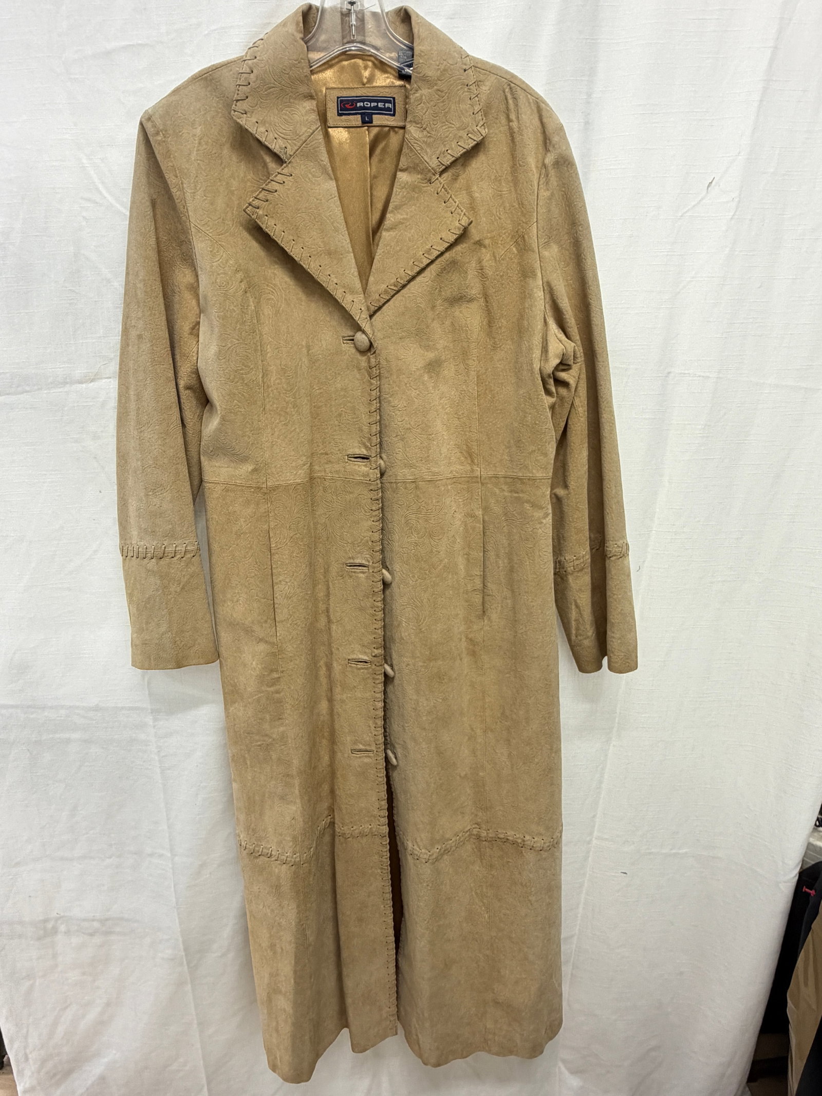 Vintage "Roper" Suede Trench Coat with Whipstitch Detail , Tooled - Sz Lg (1 of 6)