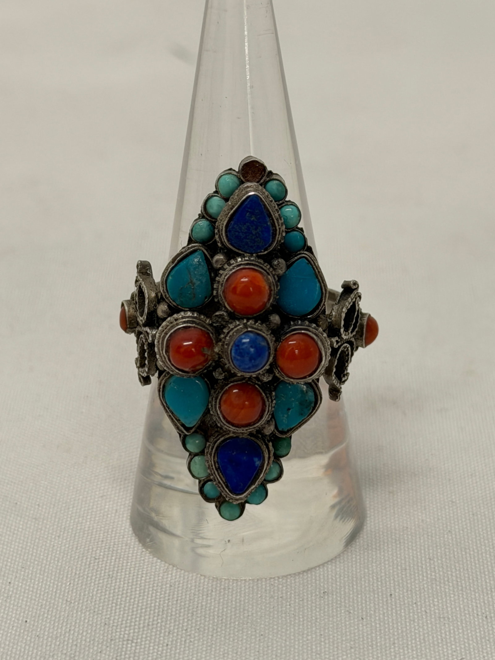 Vintage Sterling Silver Coral, Lapis & Turquoise Ring, Sz 9.5 - Retro 1970s Style (1 of 4)