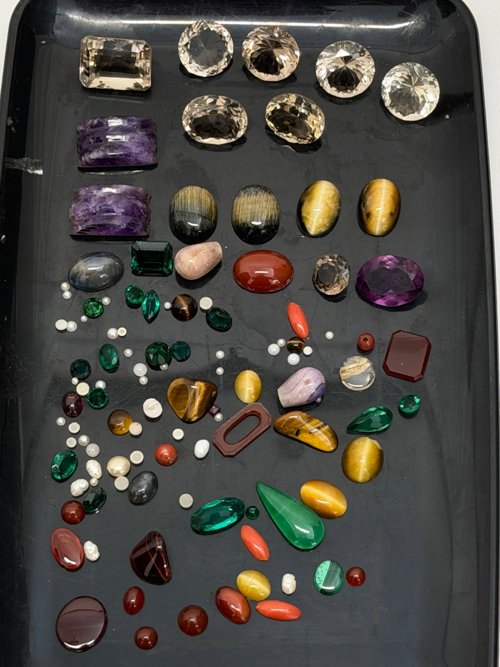 Large Group of Asst Gemstones - Citrine, Amethyst, Carnelian, Pearls, Malachite & More: Various Sizes & Cuts