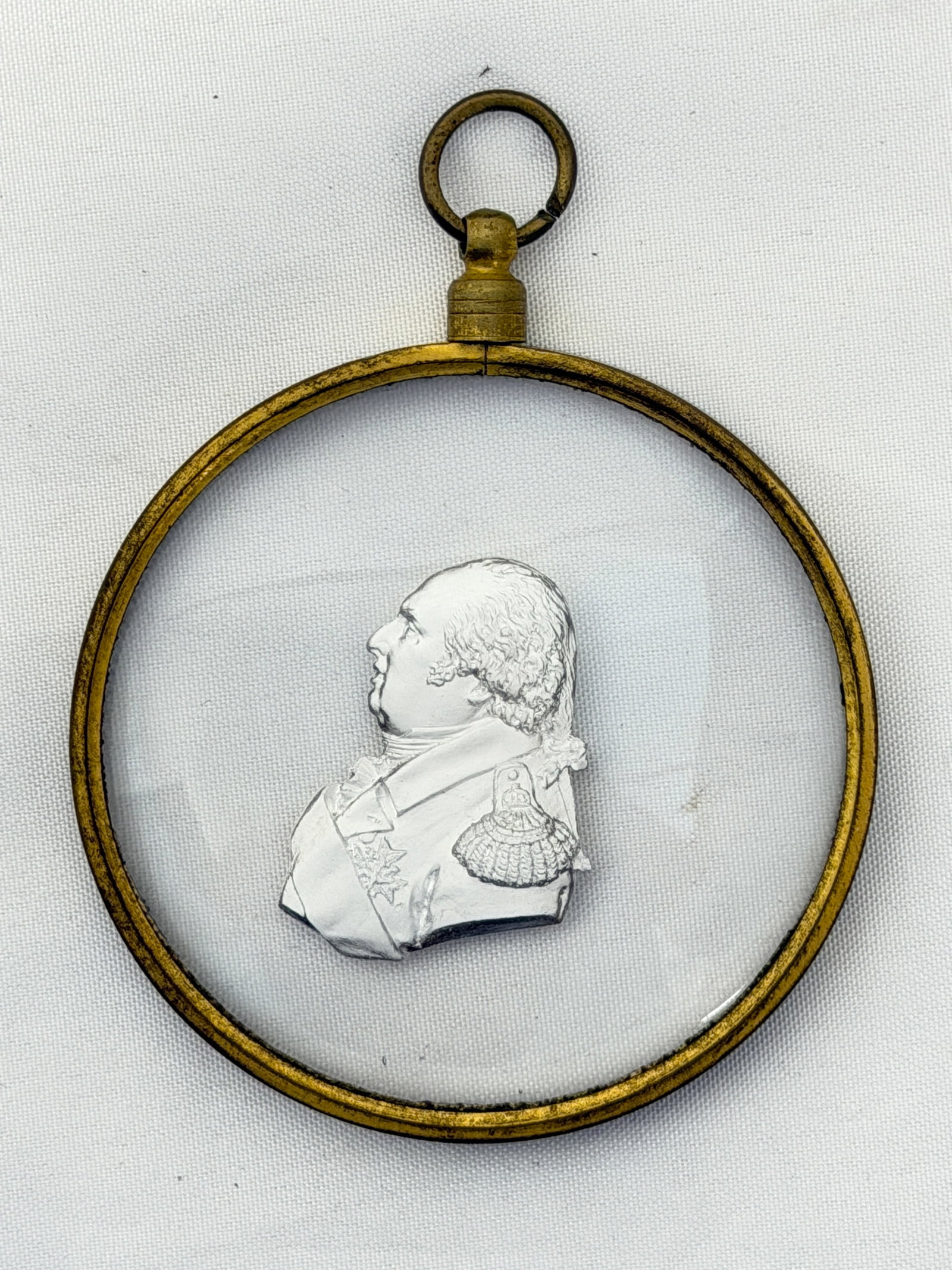 French Sulphide Cameo Medallion from Paul Jokelson Collection 2.75" without Bezel: Antique French Empire Sulphide Medallion with Louis XVI in Gilt Bronze Frame - Has Desprez's Monogram on verso - From Paul Jokelson Collection -