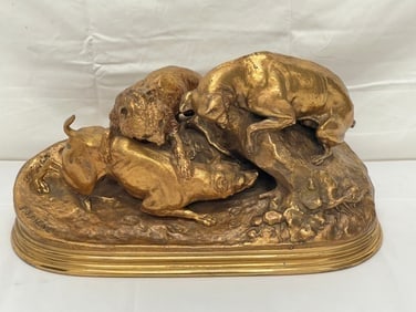 Pierre Jules Mene (1810-1879)French Gilded Bronze - ''Hunting Dogs at the Burrow'': Pierre Jules Mene (1810-1879)French Gilded Bronze - ''Hunting Dogs at the Burrow''