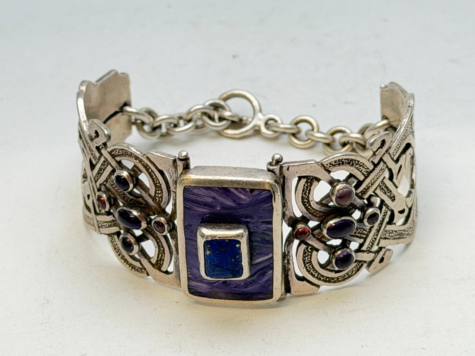 Sterling Silver Celtic Panel Bracelet 7"L, TW 50g: Sterling Silver Bracelet with Purple Charoite & Lapis with Side Accents of Amethyst & Garnet