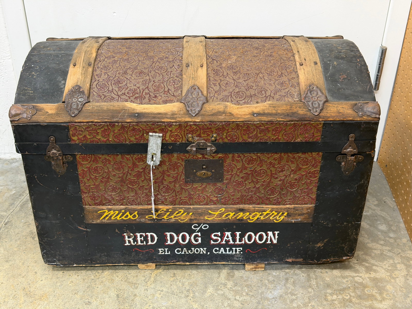 Antique Dome Trunk with Miss Lily Langtry "Red Dog Saloon" Markings - 28" x 16" x 18": Antique Dome Trunk with Miss Lily Langtry "Red Dog Saloon" Markings - 28" x 16" x 18" (Pick Up or Arrange Own Shipping)