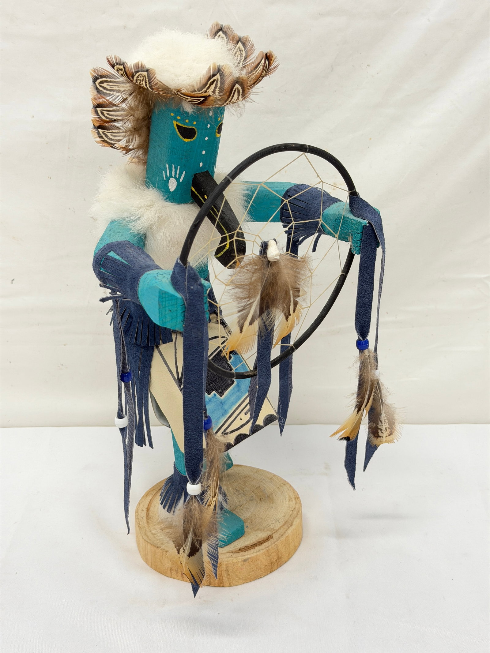 Navajo Kachina Doll "Dream" Hand Painted with Leather & Feathers 14"T, Signed (1 of 5)