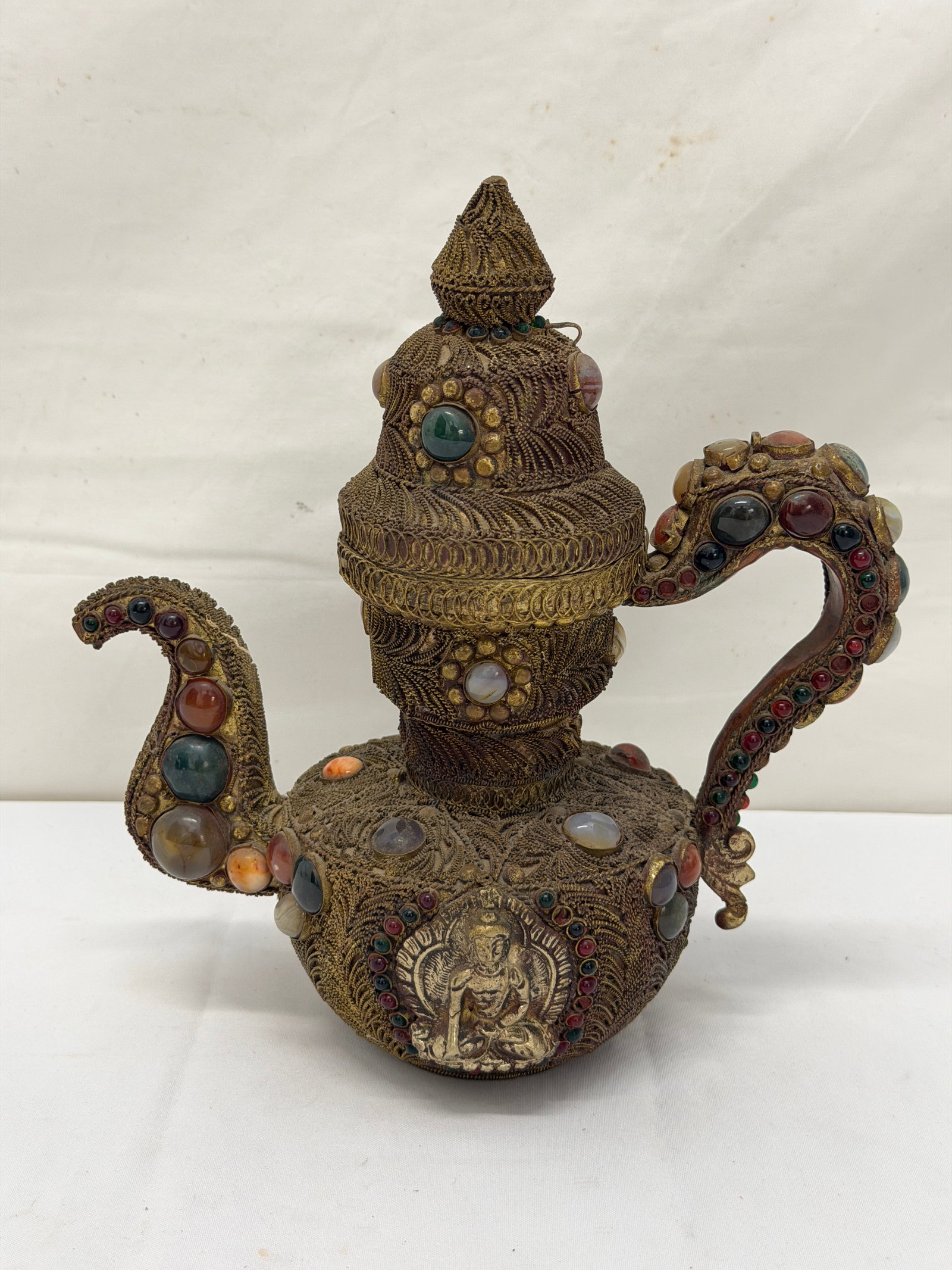 Tibetan Copper Filigree Ceremonial Ewer with Inset Stones 9"T (1 of 6)