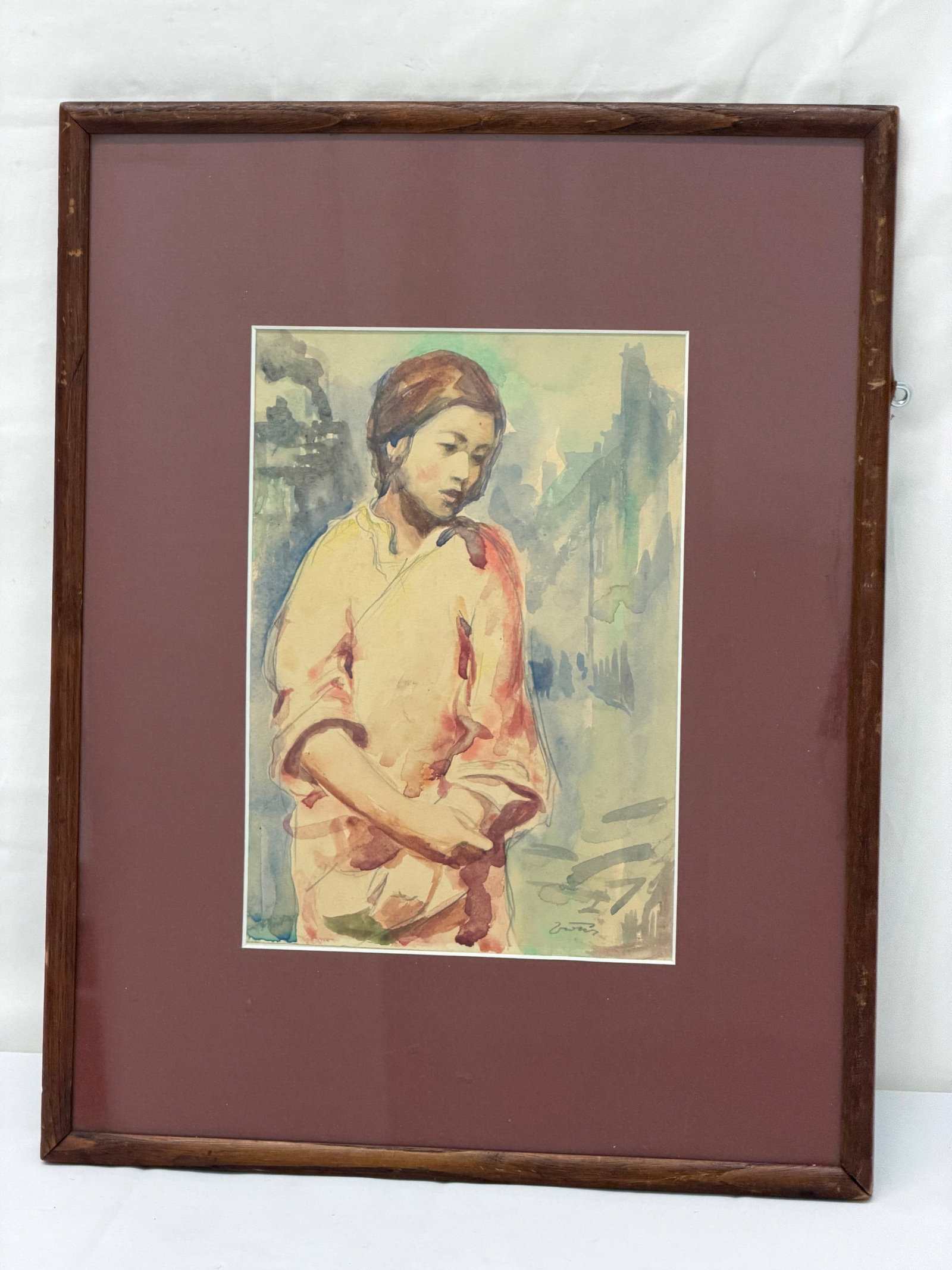 Signed Original Watercolor Portrait - Framed 13" x 16.5" , Sight 6.5" x 9.5" (1 of 4)