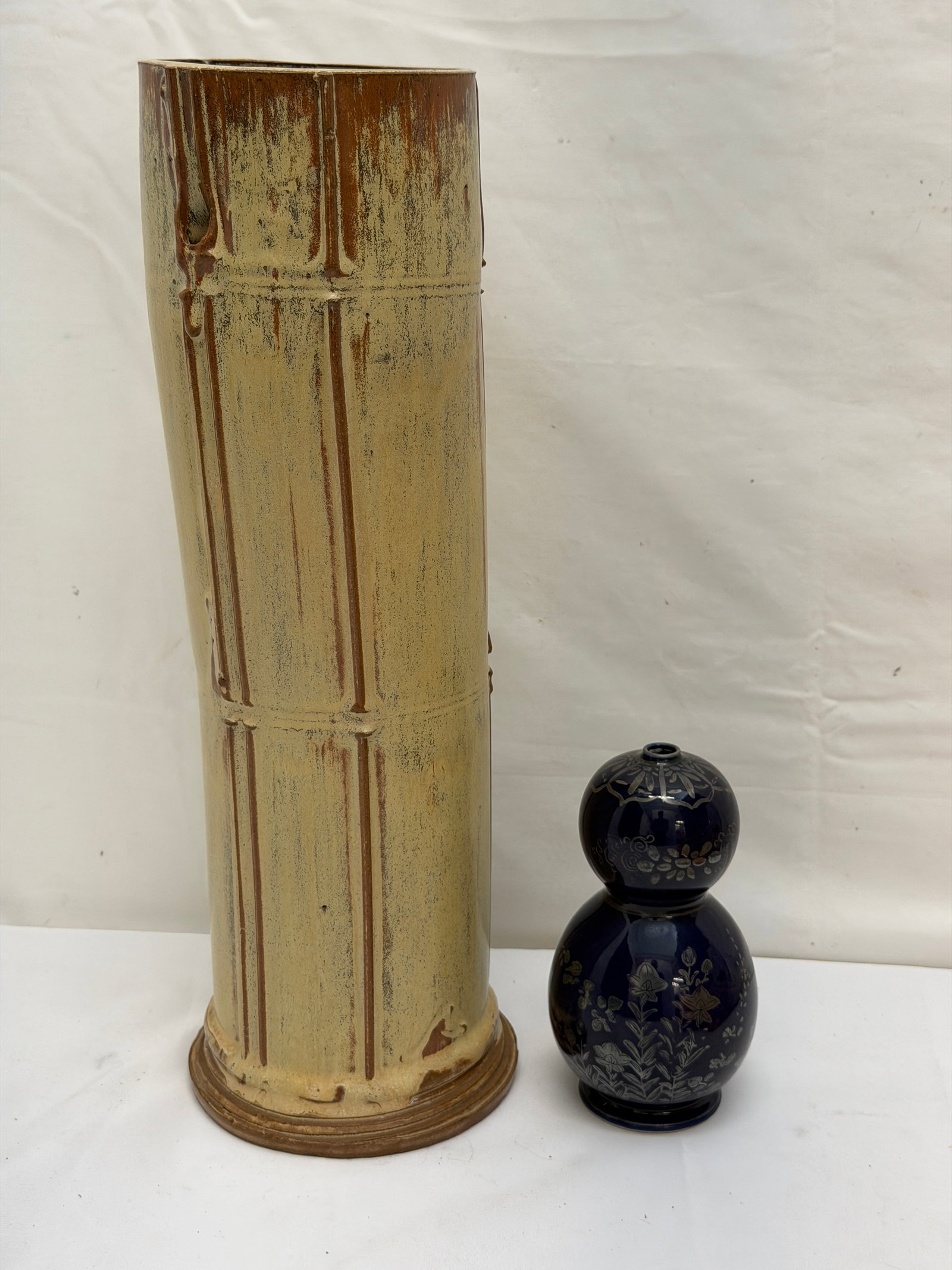 Vintage Ceramic Bamboo Hanaire Vase 4.5" x 15.75" + Calabash Vase with Silver Overlay 6"T (1 of 9)