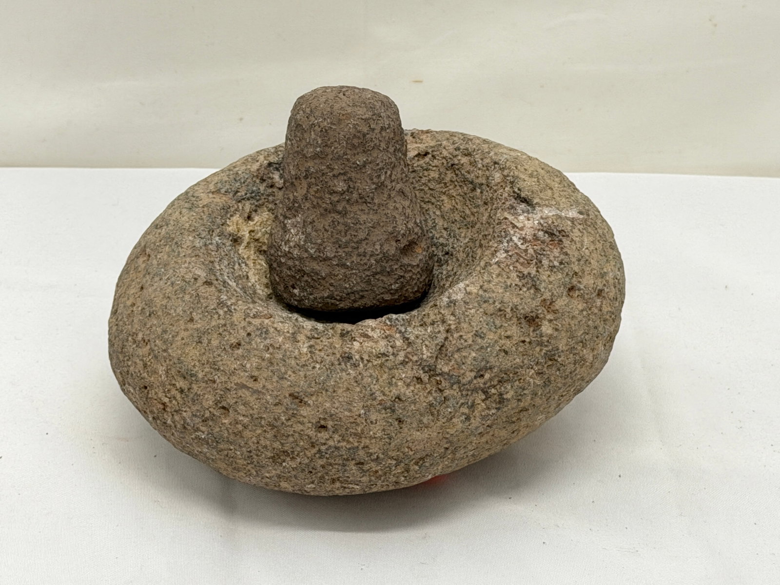 Native American Mortar Grinding Stone & Pestle - 5.5" x 4.5" x 3": Native American Pima Indian Coiled Basket Tray Whirling Design - 12" x 1.75"
