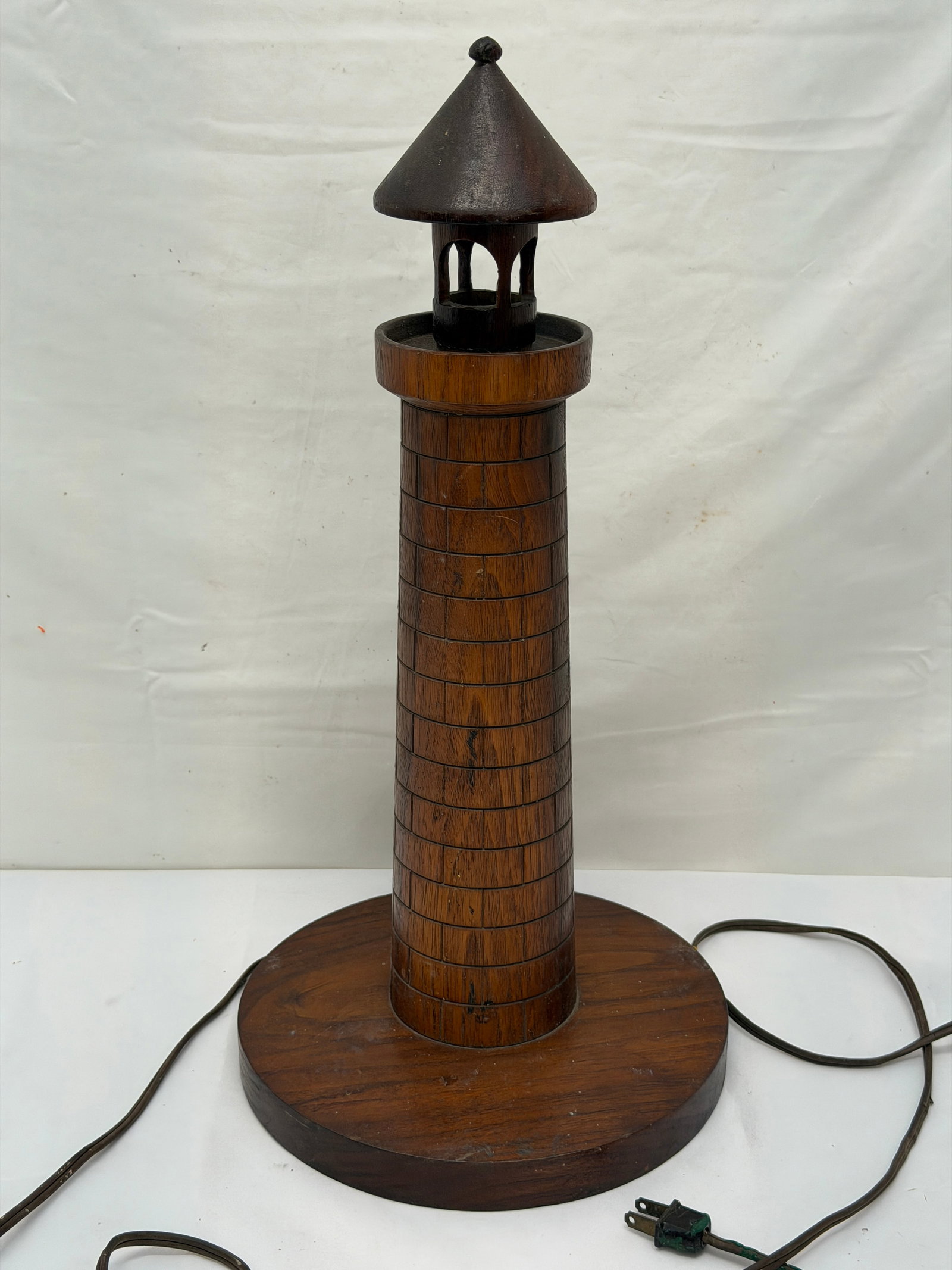 Folk Art Carved Wooden Nautical Lighthouse Lamp 19"T x 9" Round Base (1 of 5)