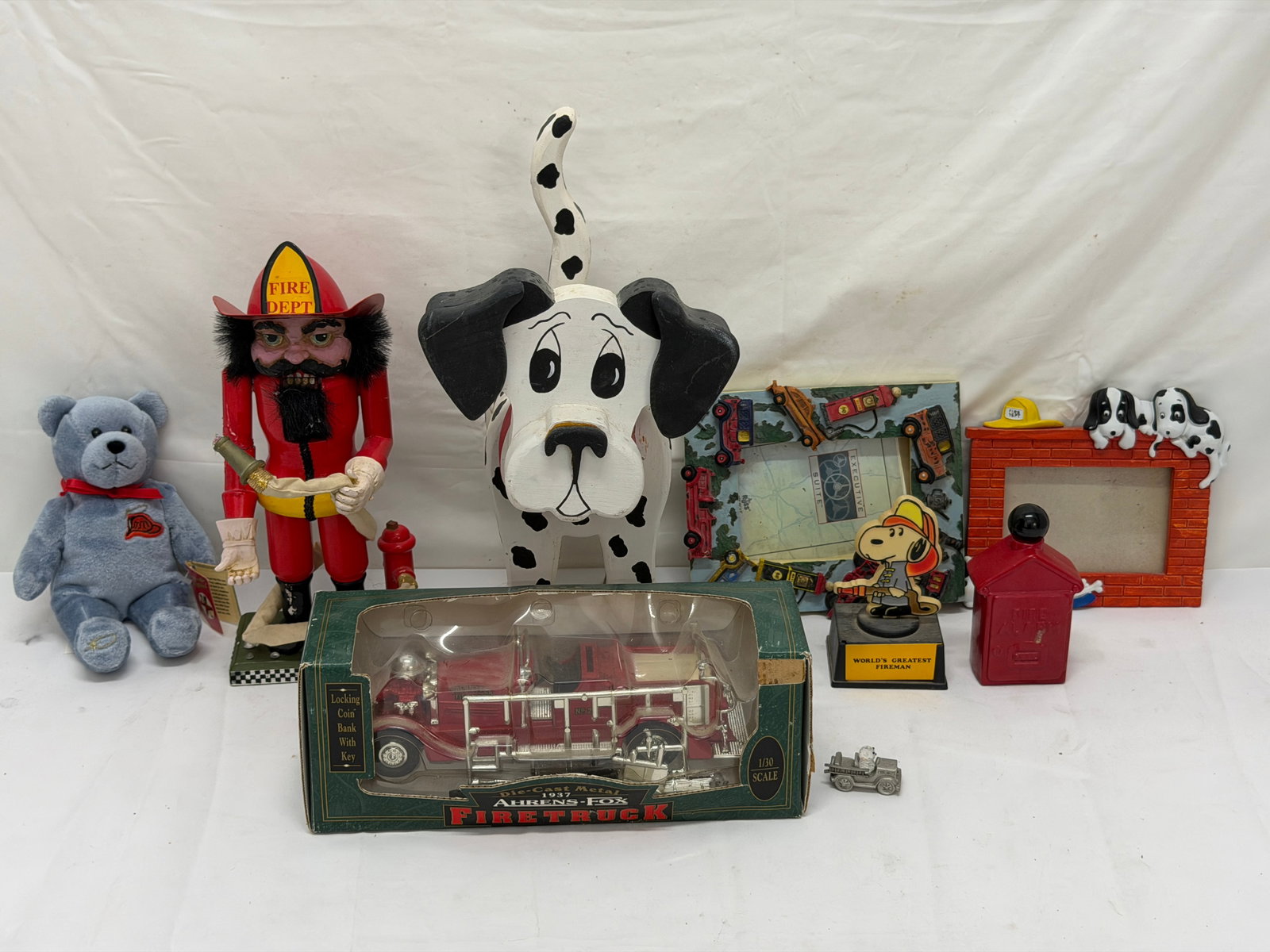 Asst Fireman Items- Diecast Fire Truck Bank, Figures, Frames (1 of 6)