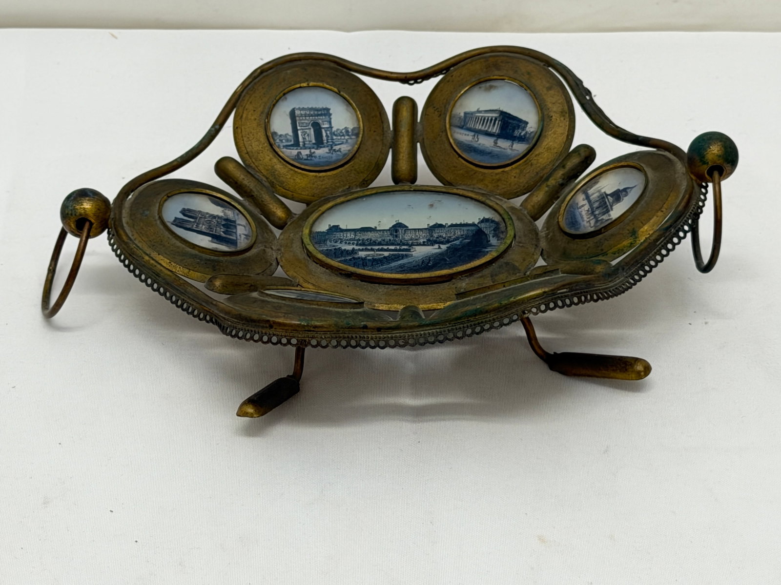 Antique French Eglomise Brass Calling Card Tray 7" x 5" x 2" (1 of 4)