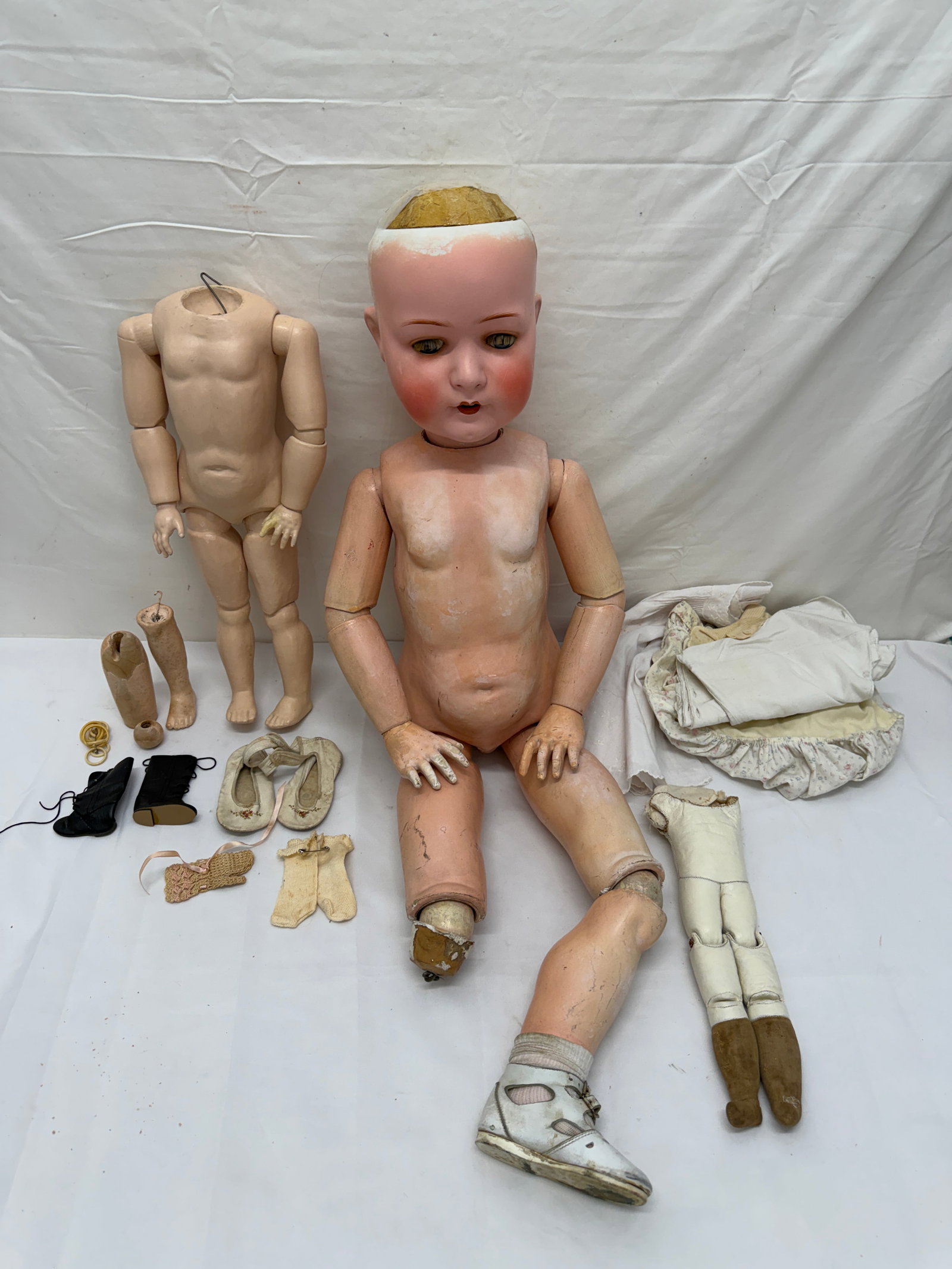 Antique Heubach- Koppelsdorf 407 German Doll, Leather Body, Parts, Clothes (1 of 16)