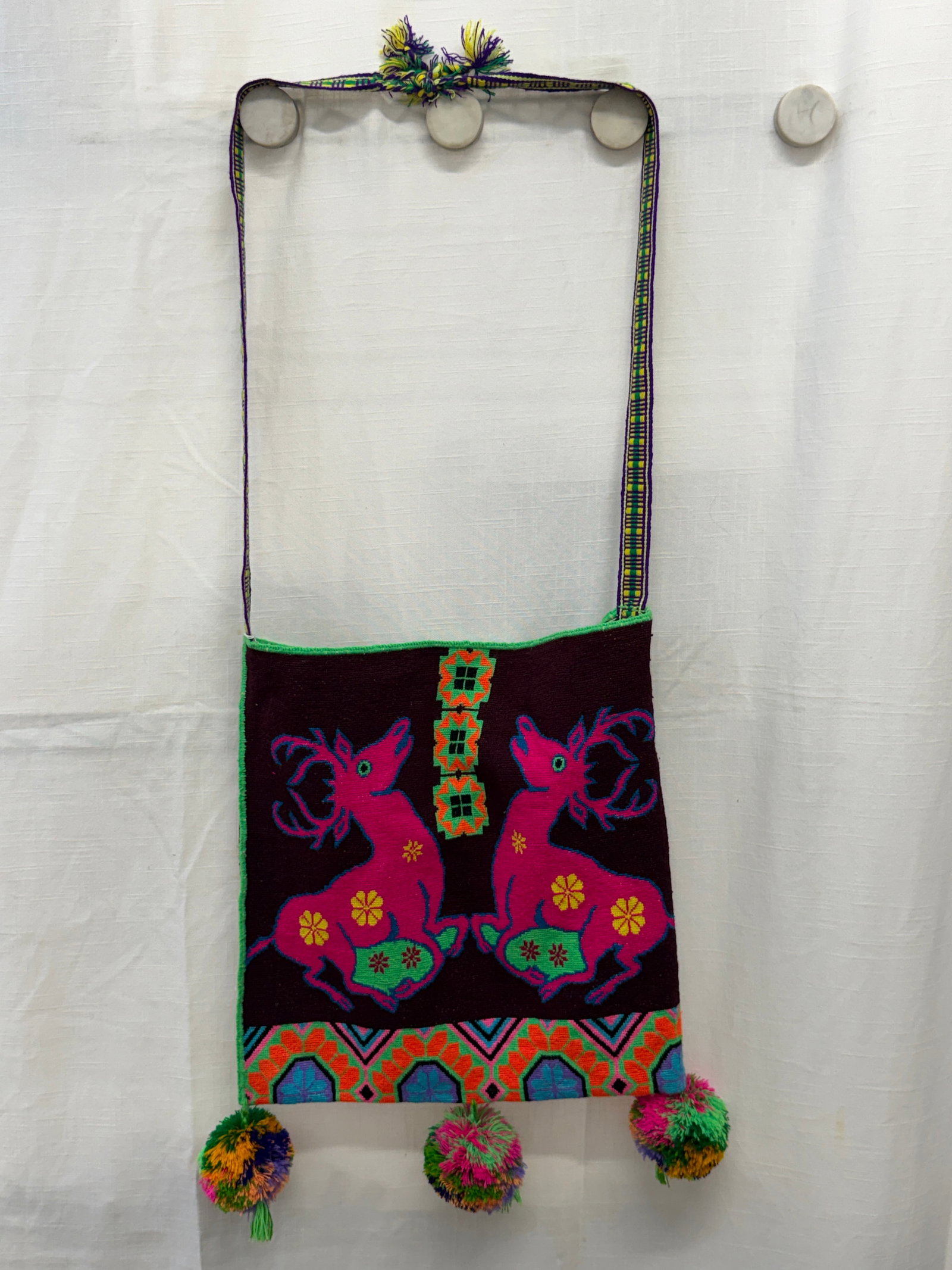 Vintage Authentic Huichol Hand Woven Embroidered Shoulder Bag with Deer Design 15.25" x 15" (1 of 5)
